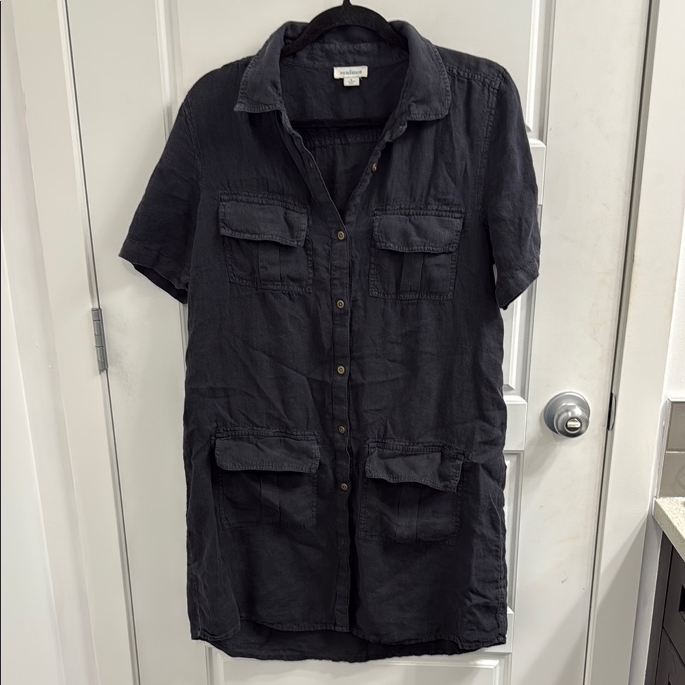 Sundance Size Small 100% Linen Short Sleeve Button Down Shirt Dress Gray